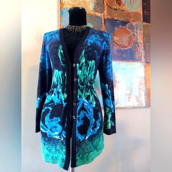 Nic + Zoe Cardigan Bold  Print Sweater Blue/ Green/ Purple Sz. L - Picture 7 of 12